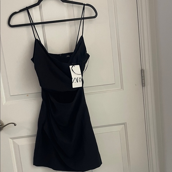 Zara Dresses & Skirts - Zara Black Draped Mini Slip Dress with Double Spaghetti Straps